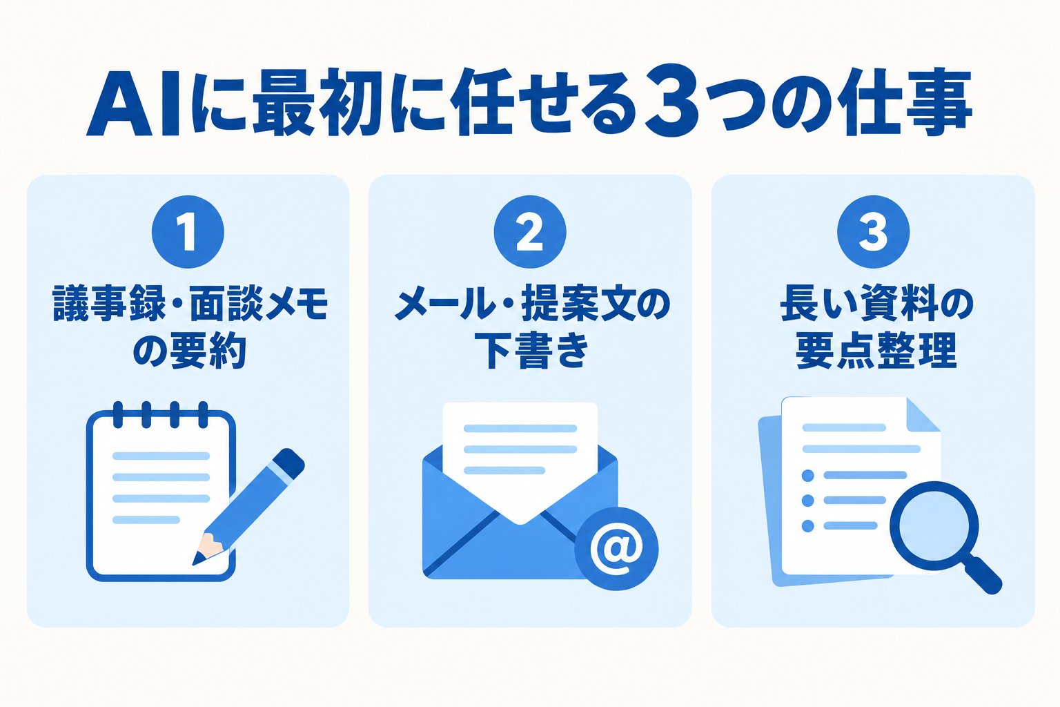 AIに最初に任せる3つの仕事(議事録要約/文章下書き/資料の要点整理)